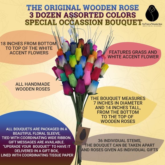3 Dozen Vibrant Assorted Colors Flower Bouquet. The Original Wooden Rose. - Picture 2 of 8